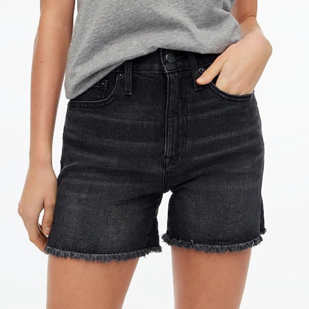 High rise mid length denim short washed Back